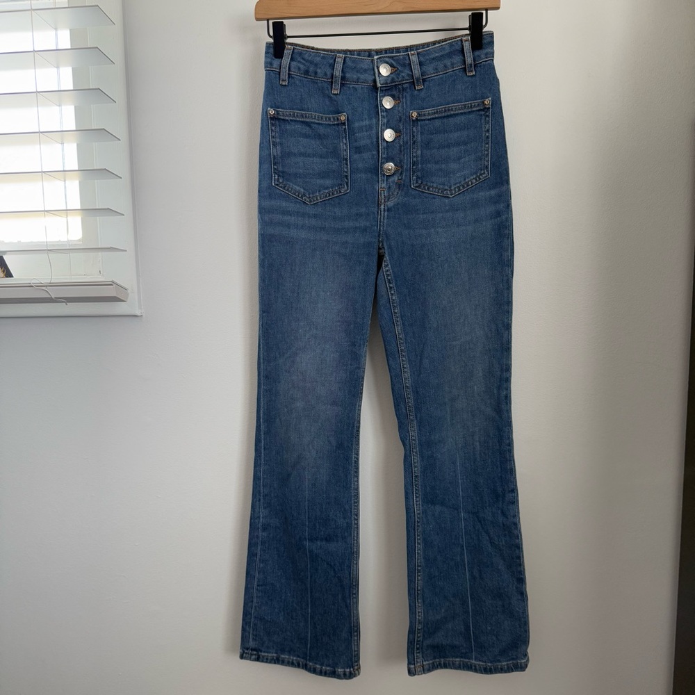 Maje 36 US 26 High Rise Jeans Double‎ Pocket Slight Flare Button Fly Medium Wash